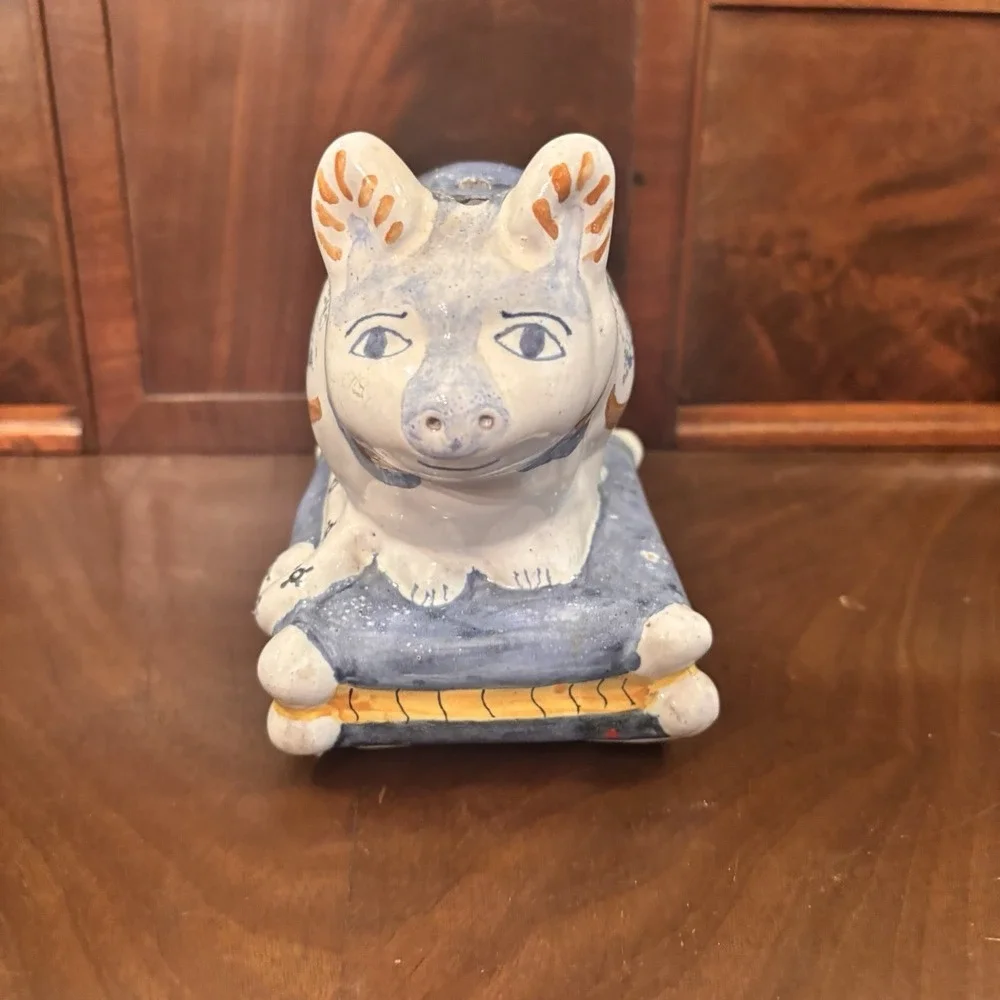 Vintage Portugal Pottery Cat Flower Frog Bud Vase Primitive Folk Art Signed 5